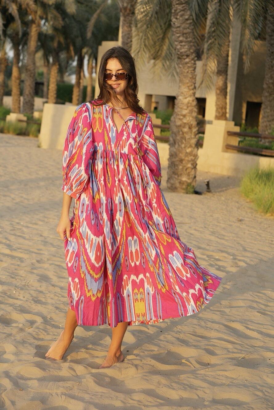 House of Sundar Liana Midi Dress Pink Multicolor Print Pockets 3XL